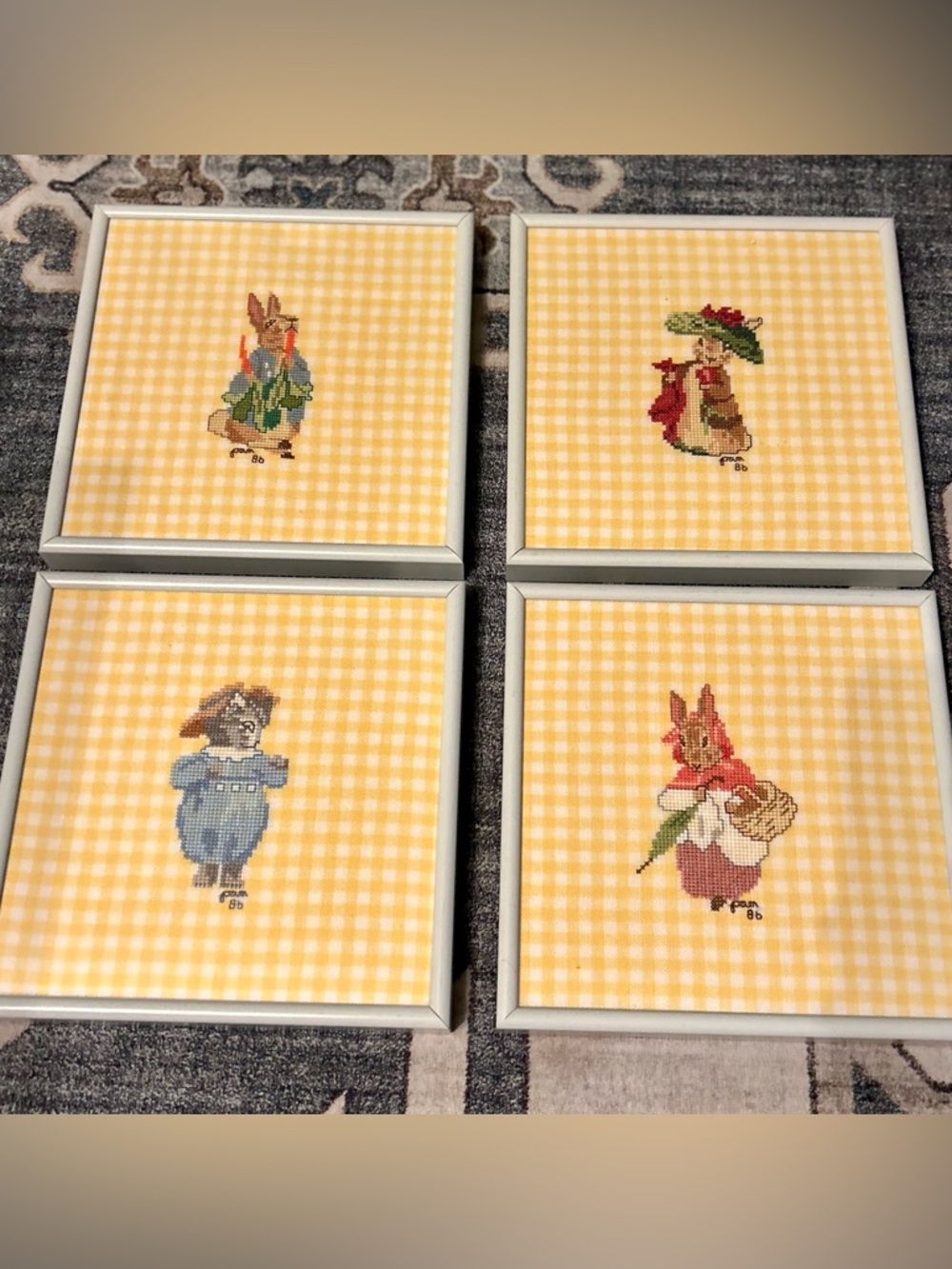 Set of 4 Framed Cross-Stitch Peter Rabbit Vintage Embroidery - Yellow Gingham
